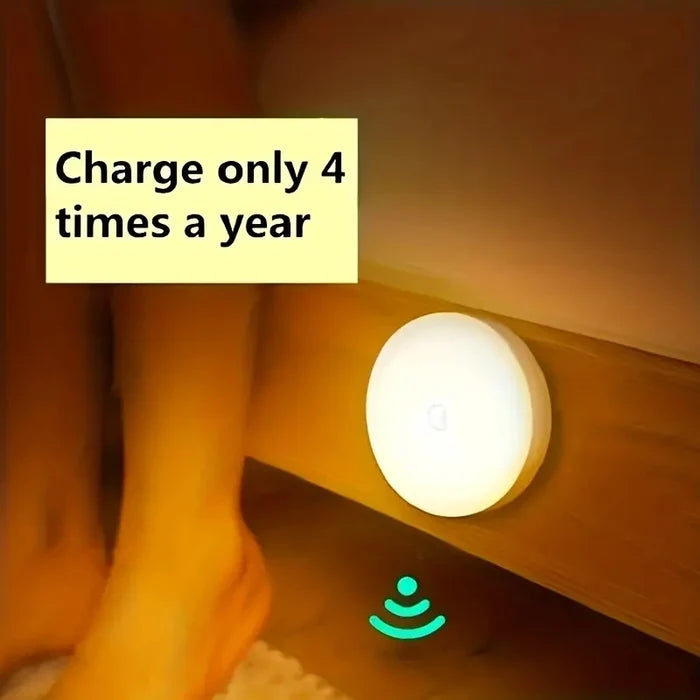 Home Sweet Home motion sensor LED night light illuminating a dark hallway with a sleek, compact design for energy-efficient lighting.