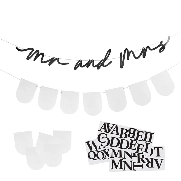 Mr & Mrs Wedding Bunting - Monochrome Minimalist Reception Decor - Black and White Party Garland - Customise With Your Surname - Jolie Fete UK