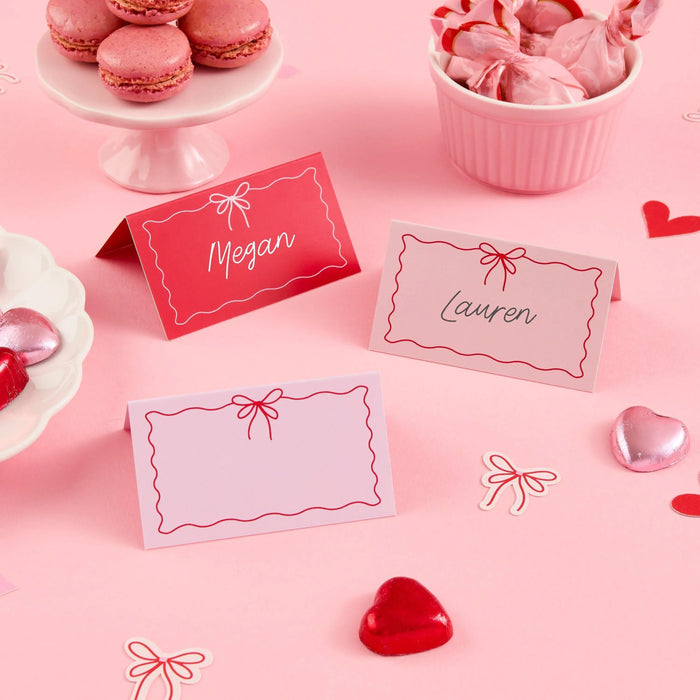 Pink & Red Bow Place Cards - Valentine’s Day Table Decor - Coquette Wedding Seating Cards - Galentine’s Party -Heart Theme Decor-Pack of 12 - Jolie Fete UK