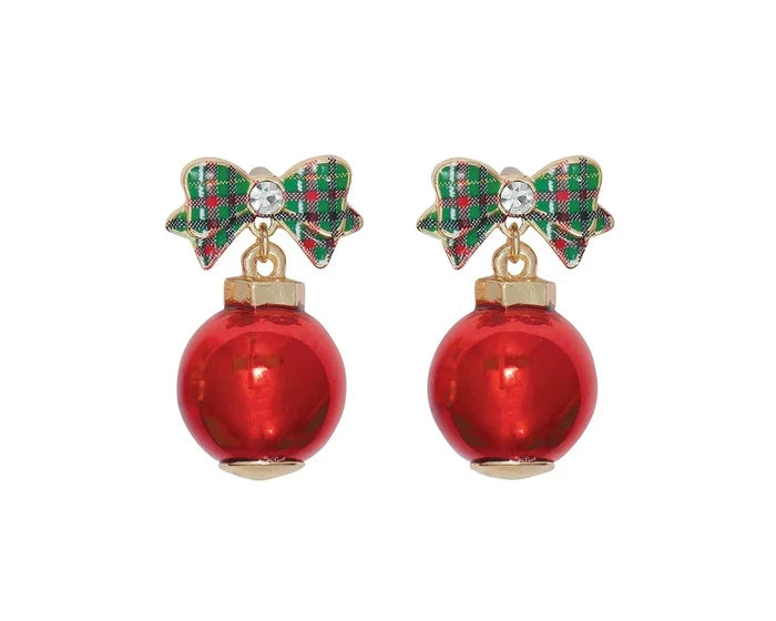 Plaid Bow and Ball Ornament Earrings