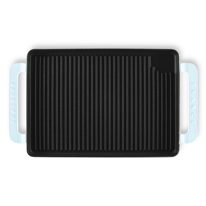 Black grill pan with handles on a white background