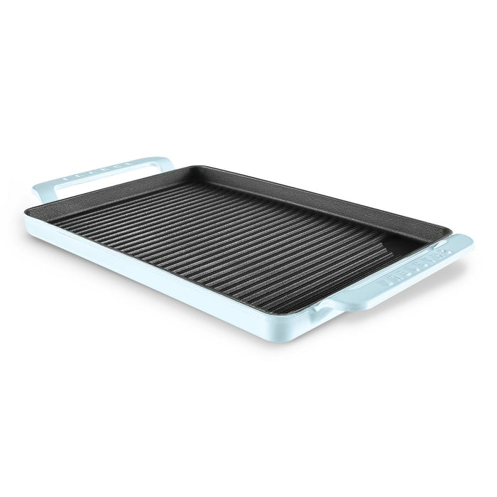 Rectangular grill pan with blue handle on a white background