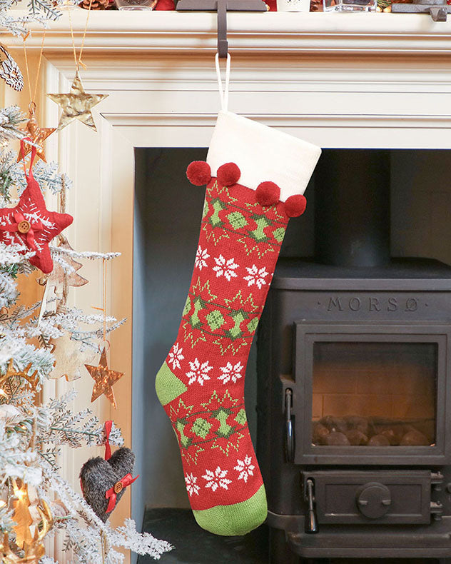 Red & White & Green Poly blend fabric Stockings - Red Fair Isle Knitted Christmas Stocking