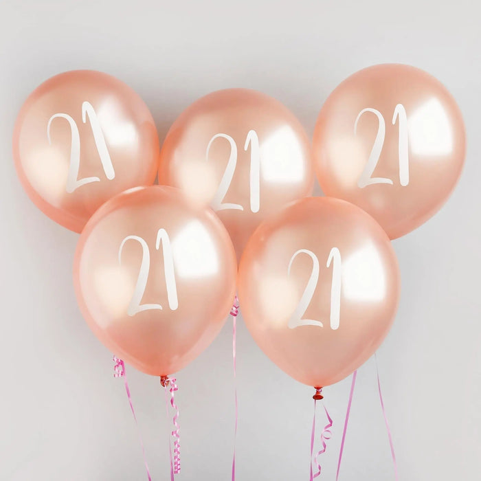Rose Gold 21st Birthday Balloons - Happy Birthday 21 Balloons - Rose Gold & White Balloons - Party Decorations - Pack of 5