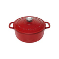 Red cast iron cookware pot with lid on a white background