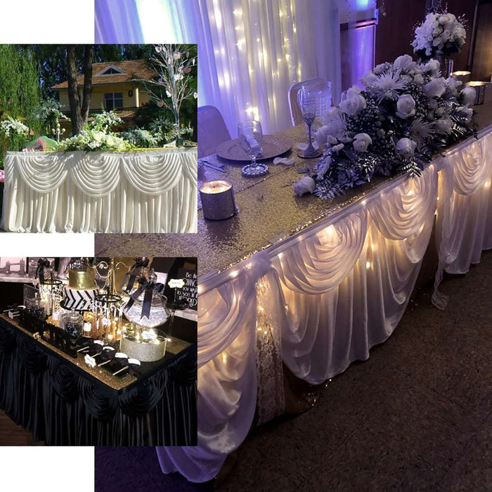 Elegant table decorations with draped fabric and fairy lights for events.