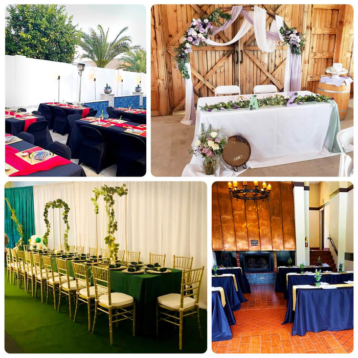 Elegant event setup with tables, floral arrangements, and decor in various settings.