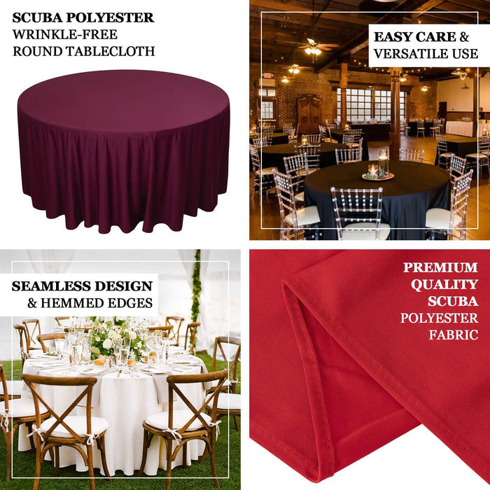 Scuba polyester round tablecloth in burgundy for events and dining settings.