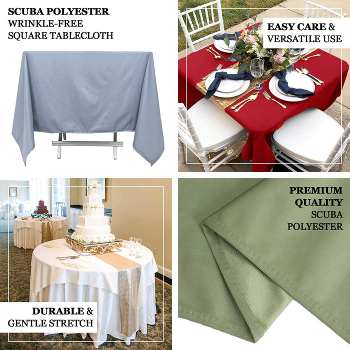 Scuba polyester wrinkle-free square tablecloth in gray, versatile for events.