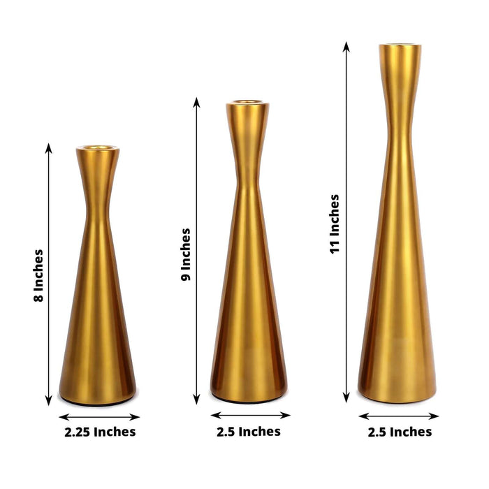 Gold decorative vases in three sizes: 8", 9", and 11" tall.