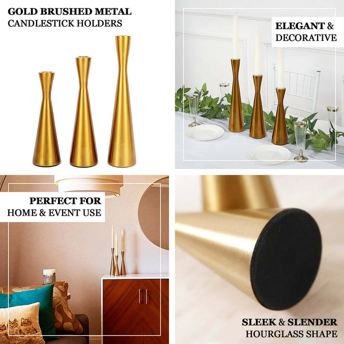 Gold brushed metal candlestick holders in elegant hourglass shape for home decor.