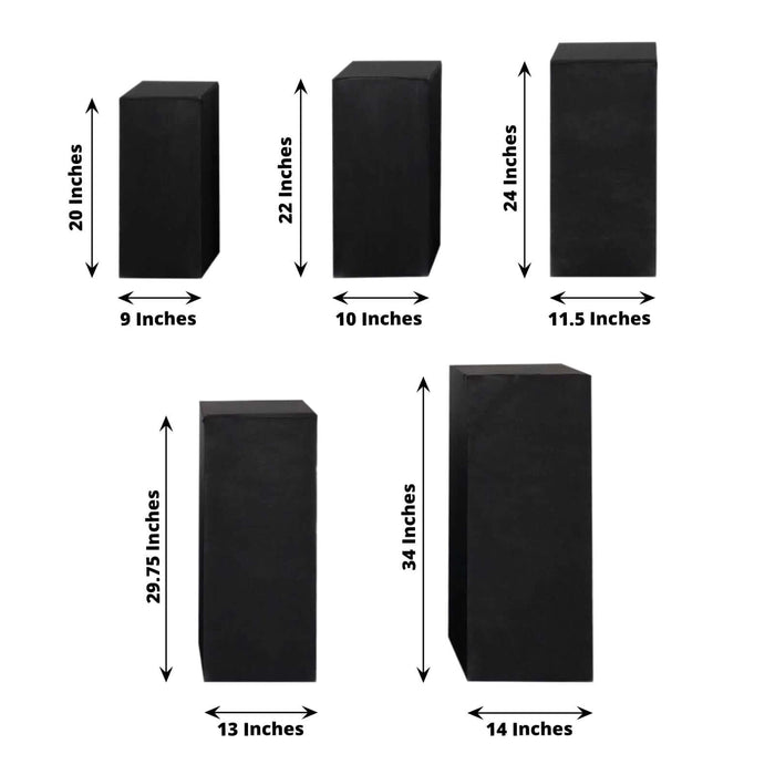 Black storage boxes in various sizes, showcasing dimensions and shapes.