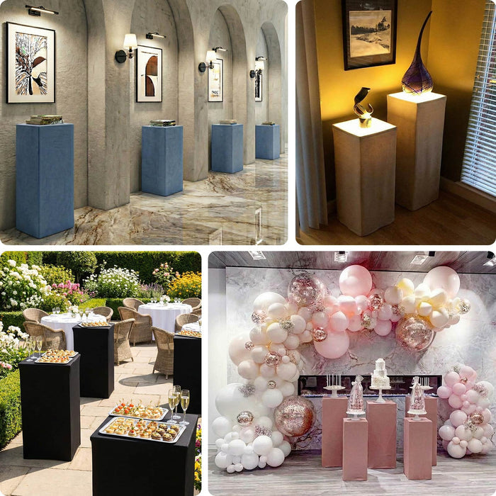 Stylish display pedestals in various settings for art and decor.