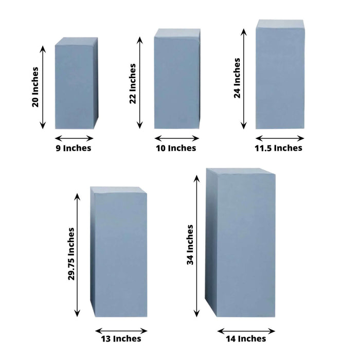 Set of five blue display pedestals with varying heights and dimensions