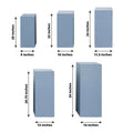 Set of five blue display pedestals with varying heights and dimensions