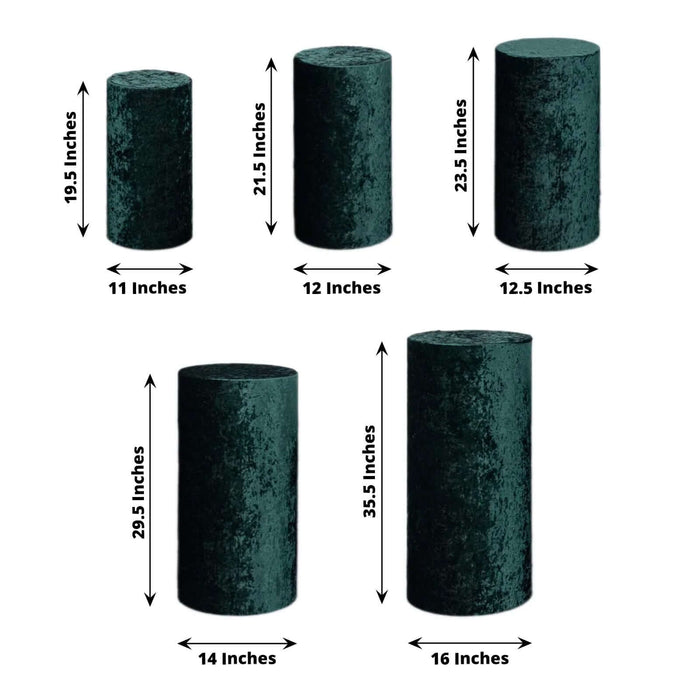Set of five green velvet pedestals with dimensions for each displayed.