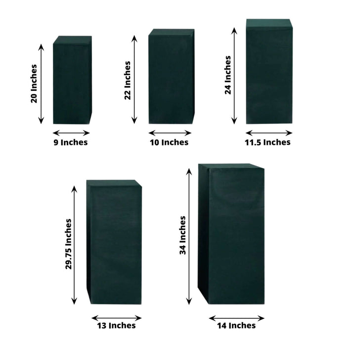 Green storage boxes in various sizes with dimensions labeled