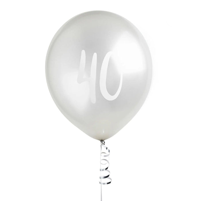 Silver 40th Birthday Balloons - Happy Birthday 40 Balloons - Silver & White Balloons - Party Decorations - Pack of 5