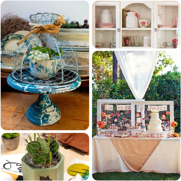Decorative wire cloche with plant on vintage stand, styled table setting, and cabinet display.