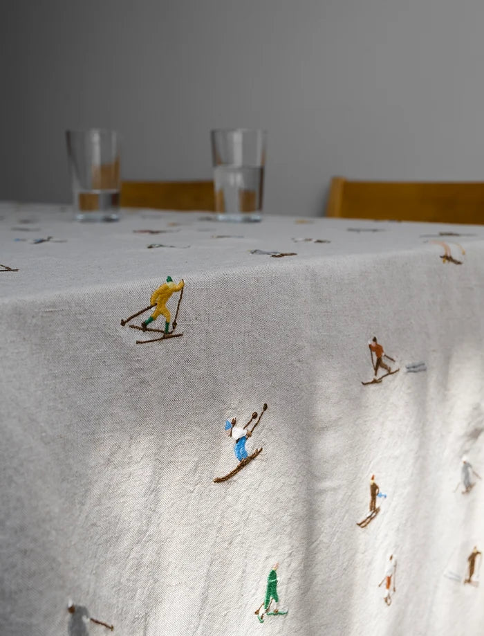 SKIERS EMBROIDERED TABLECLOTH