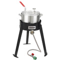 An outdoor aluminum fish cooker set with a propane fueled burner base, a 10-qt fry pot, an aluminum strainer basket with a heat resistant handle, and a 5-inch stainless thermometer.