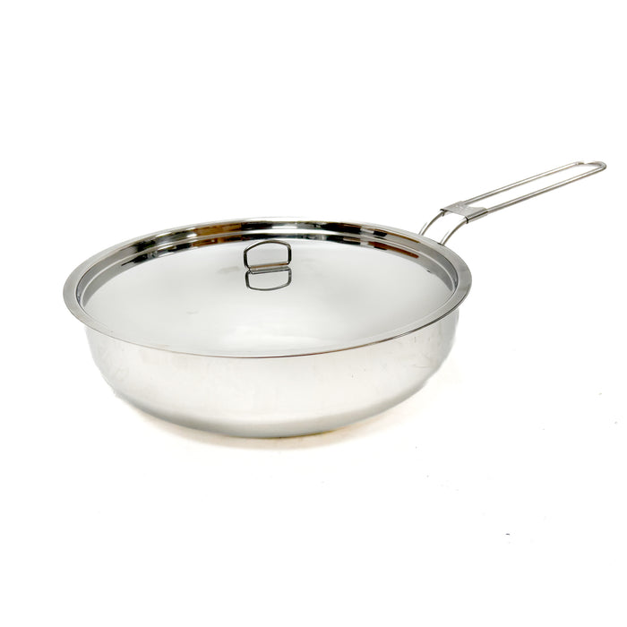 Stainless steel frying pan with lid on a white background