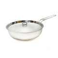 Stainless steel frying pan with lid on a white background
