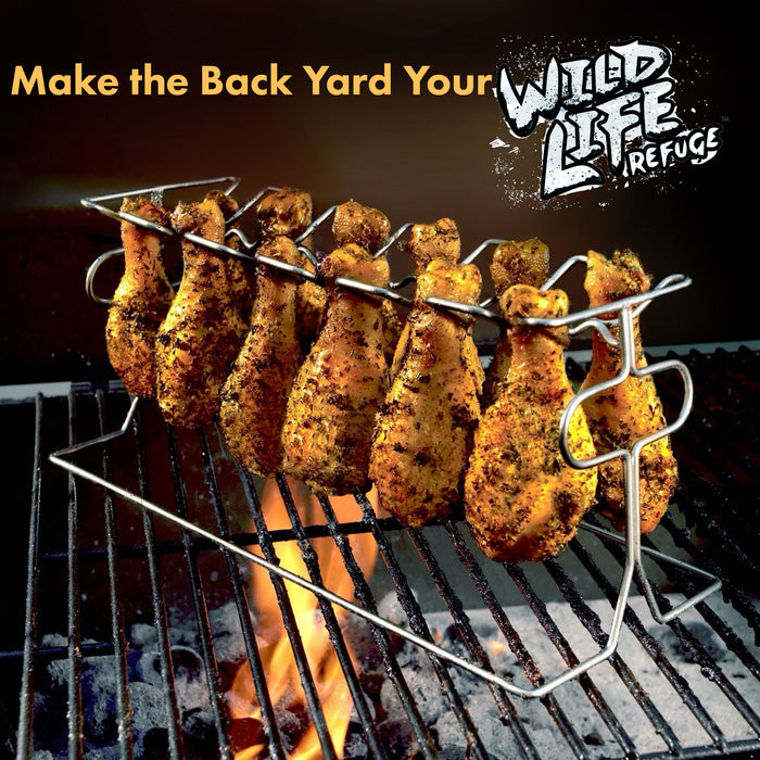 Stainless chicken leg rack with grilled chicken over flames and text that reads Make the Back Yard Your Wild Life Refuge