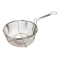 A stainless steel round mesh fry basket with a folding handle.