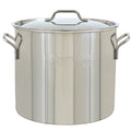 A stainless steel stockpot with a domed lid on a white background.