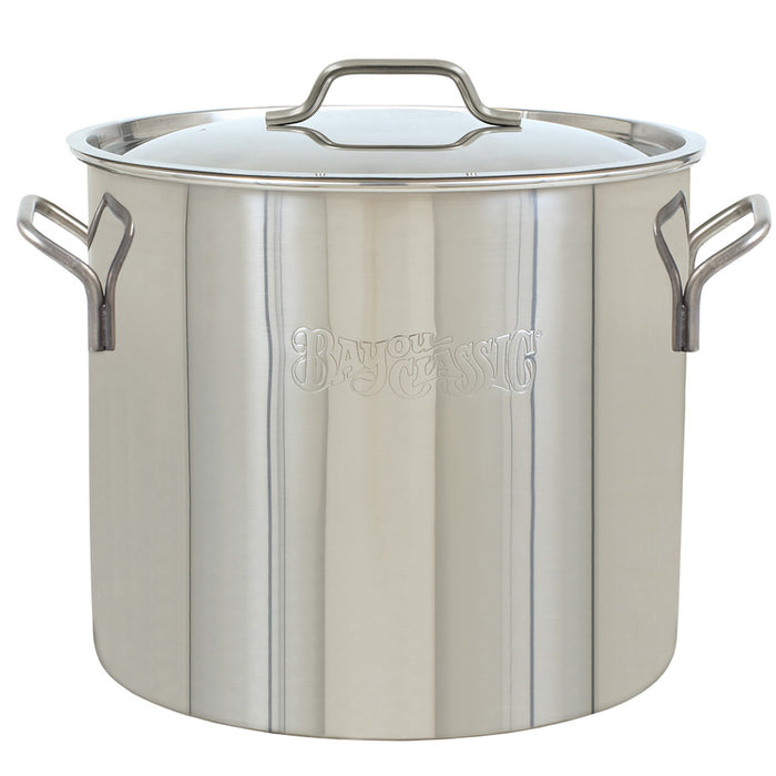 A stainless steel stockpot with a domed lid on a white background.