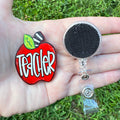 Teacher Apple Interchangeable Badge Button with Reel Option