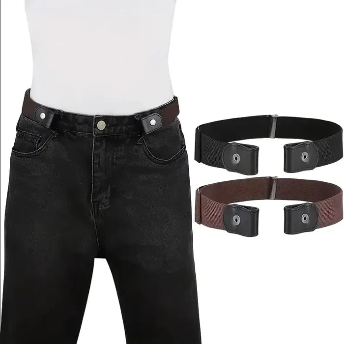 Traceless elastic belt with invisible stretch waistband for men and women, shown in close-up on a neutral background.