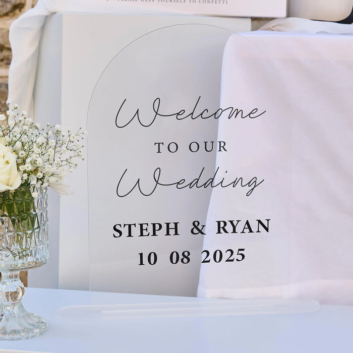 Welcome To Our Wedding Sign - Clear Arch Acrylic Sign With Black Script Lettering - Customise Your Names & Date -Minimalist Monochrome Decor - Jolie Fete UK