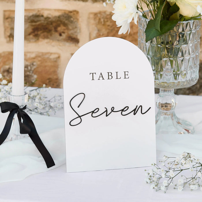 White & Black Wedding Table Numbers -Monochrome Cards with 3D Black Acrylic Lettering-Modern Minimalist Reception Decor-Pack Of Numbers 1-12 - Jolie Fete UK