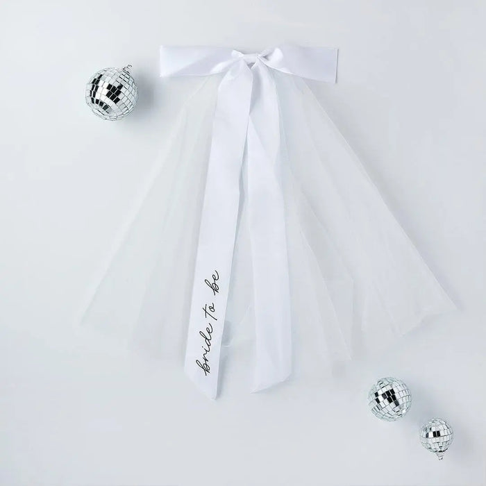 White Hen Party Veil With Large Satin Bow - Bride To Be Veil - Coquette Bridal Hair Accessory Black Script -Hootyballoo She's Tying The Knot - Jolie Fete UK