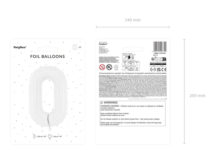 White Number 0 Balloon 86cm / 34" - Large Matt White Foil Mylar Digit - 10th Birthday Balloon - 100th - Anniversary Party Supplies - Jolie Fete UK