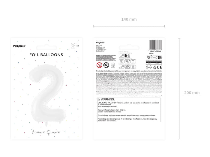 White Number 2 Balloon 86cm / 34" - Large Matt White Foil Mylar Digit - 2nd Birthday Balloon - 21st - Anniversary Party Supplies - Jolie Fete UK