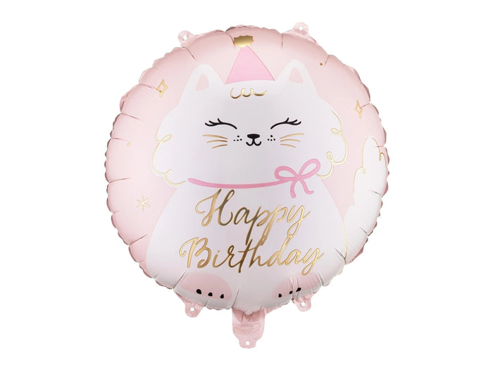 Cat Balloon - White Kitty Happy Birthday Balloon - Pastel Pink Kitten Foil Balloon - Cute Cat Theme Birthday Decor - Gold Foil Script - Jolie Fete UK