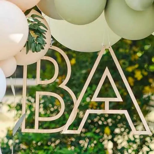 Wooden Baby Hanging Decoration - Baby Shower Decorations - Hey Baby Shower Photo Booth Prop - Botanical Neutral Baby Shower