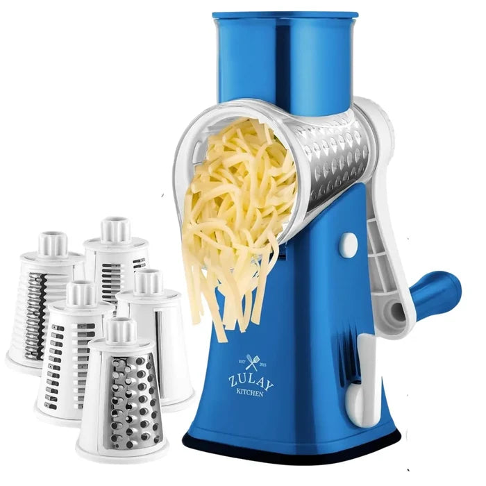 Zulay Kitchen Rotary Cheese Grater with 5 Interchangeable Drums: Blue